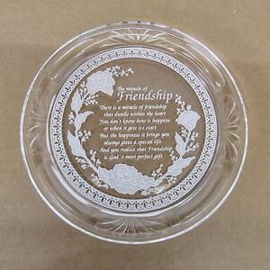 Vtg Miracle of Friendship Etched Glass‎ Plate Decorative Inspirational Quote 7"